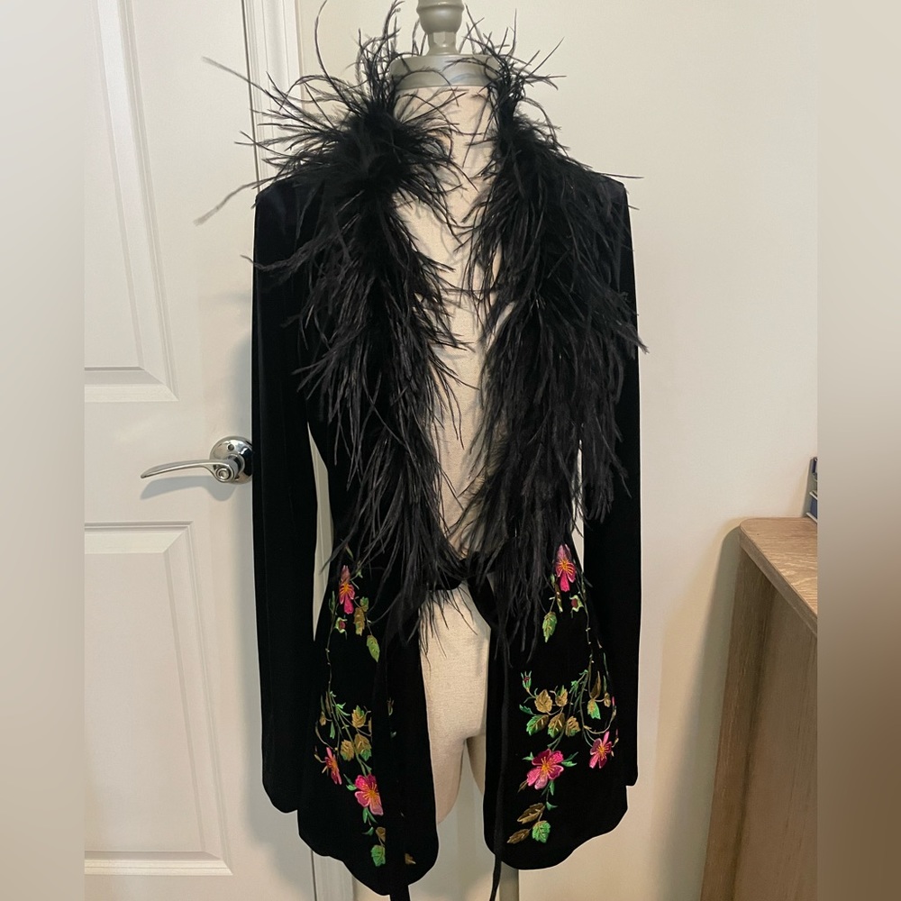 Rare Betsey Johnson Vintage Velvet Embroidered Marabou Feather Smoking Jacket